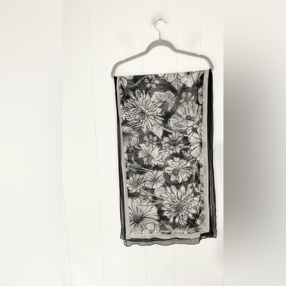 Brighton Black White 100% Silk Scarf Flower Butterfly Rectangle Sheer 64” X 19” - Picture 4 of 8